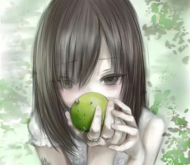illustrated girl holding a green apple close to her face